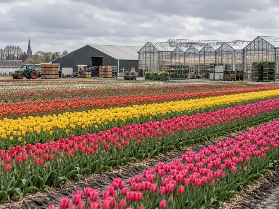 Bloembollenvelden bij Voorhout met bedrijfsloodsen op de achtergrond