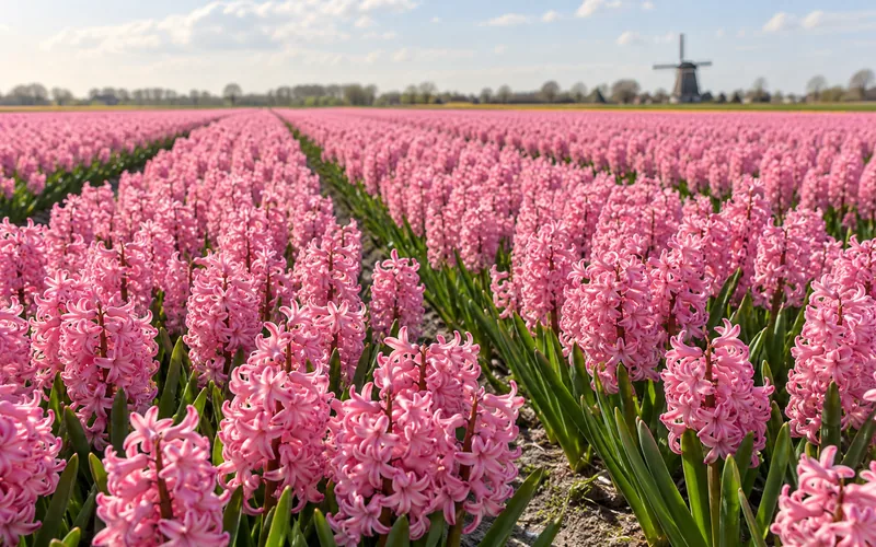 Close-up van een roze bloembollenveld, hyacinten