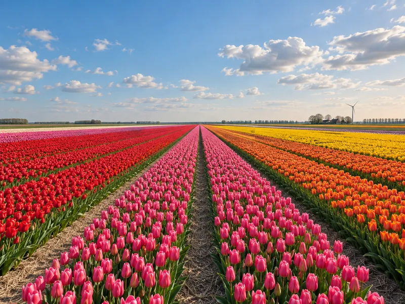 Rechte, uitgestrekte bollenvelden in de Noordoostpolder