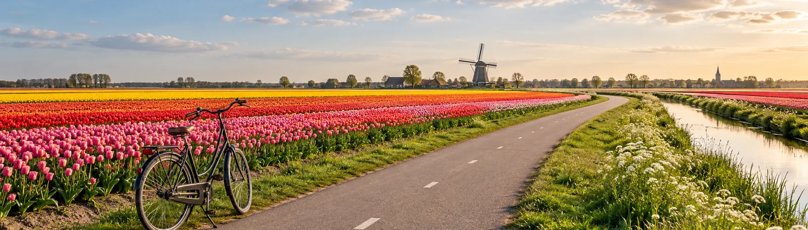 Een fietspad tussen bloembollenvelden in de Bollenstreek