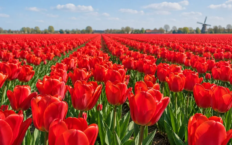 Close-up van een rood tulpenveld, reguliere tulpen