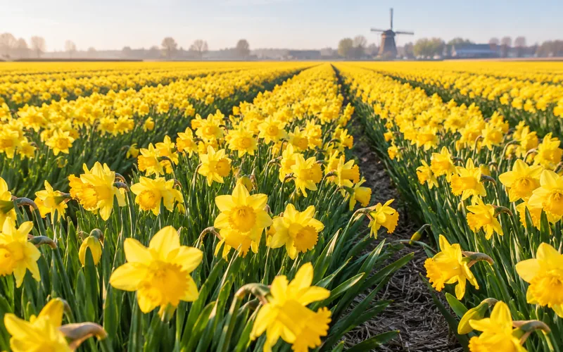 Close-up van een geel bloembollenveld, narcissen