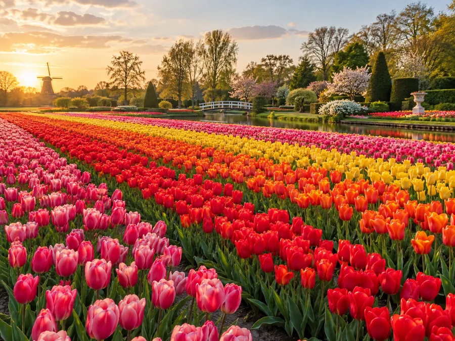 Tulpenveld bij Lisse met de Keukenhof-tuinen op de achtergrond