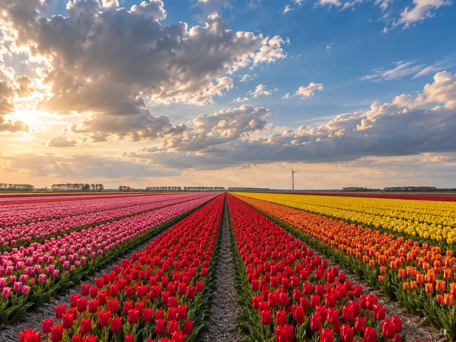 Rechte, uitgestrekte bollenvelden in de Noordoostpolder