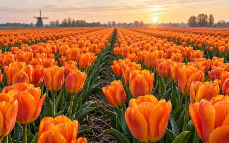 Close-up van een oranje tulpenveld, vroege tulpen