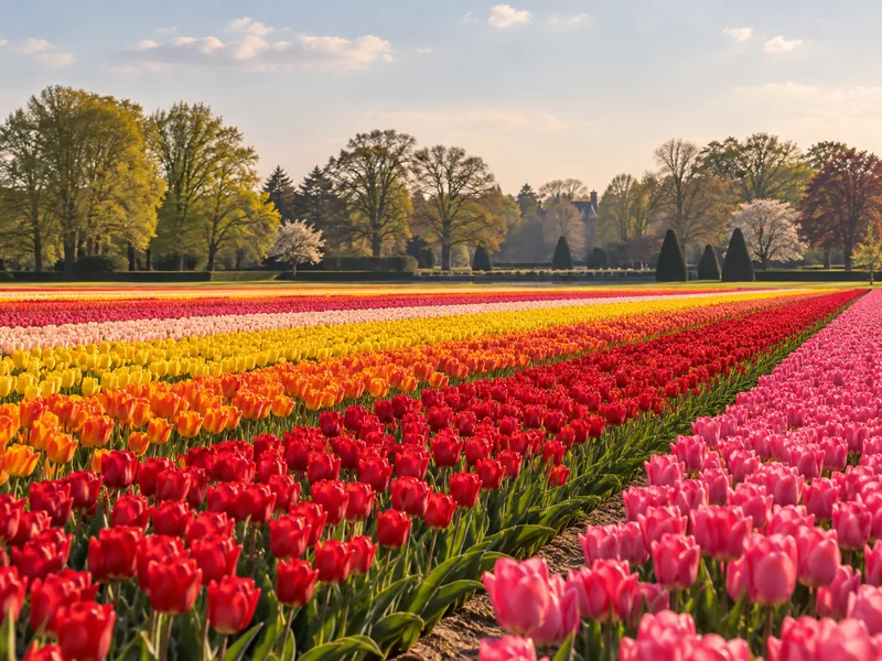 Tulpenveld bij Lisse met de Keukenhof-tuinen op de achtergrond