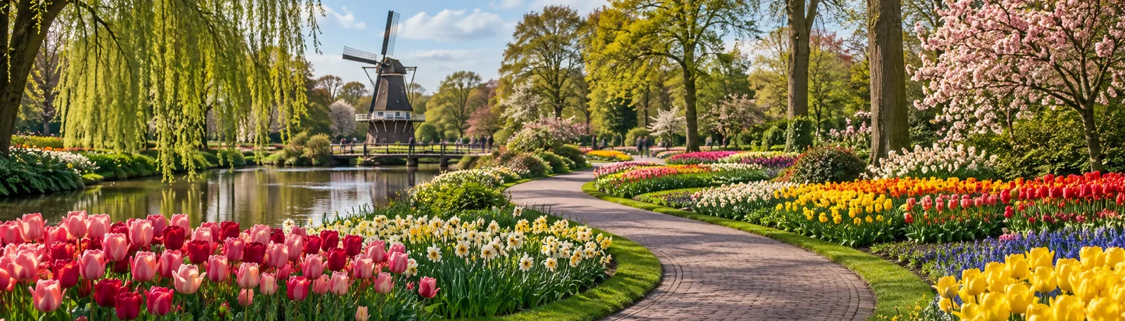 De aangelegde tuinen van Keukenhof met paden tussen bloembedden