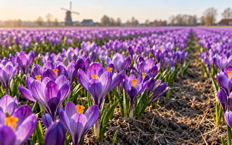 Close-up van een paars bloembollenveld, krokussen