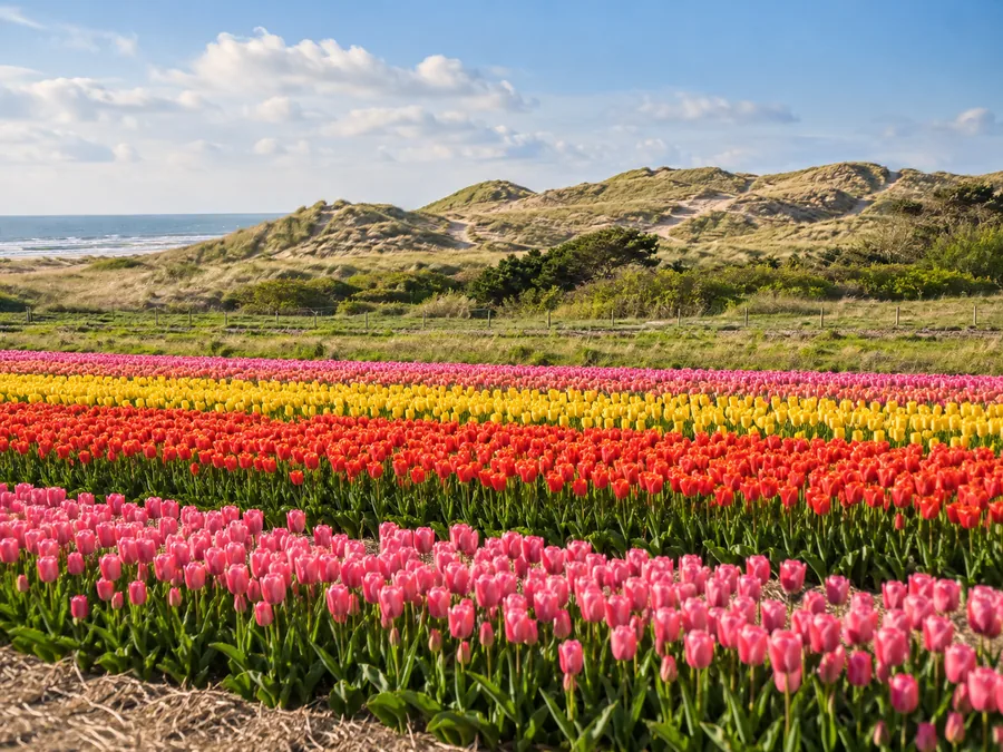 Bloembollenvelden bij Noordwijkerhout met duinen op de achtergrond